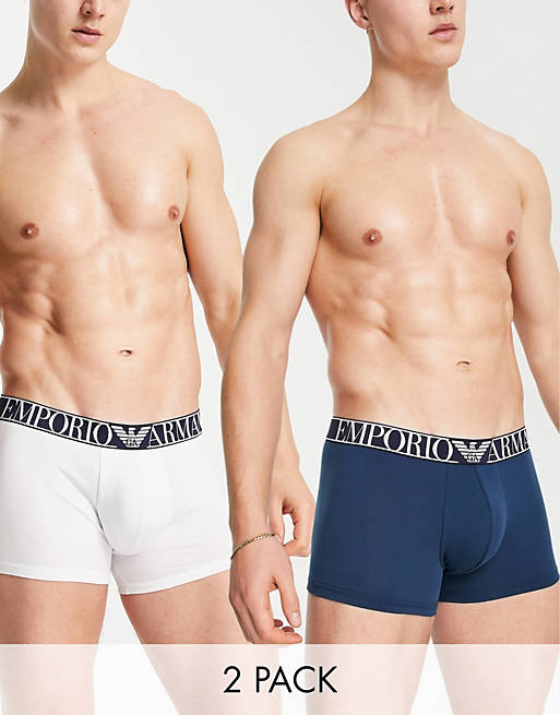  Underwear/Emporio Armani Bodywear 2 pack trunks with large contrast logo in white/ teal 