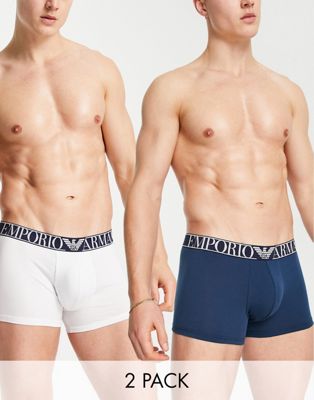 Emporio Armani Bodywear 2 pack trunks with large contrast logo in white/ teal