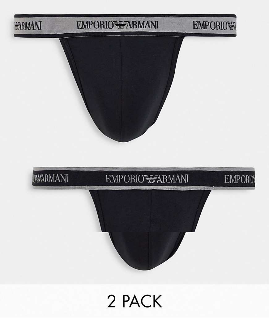 Emporio Armani Bodywear – 2er-Pack Jockstraps in Schwarz mit Logobund