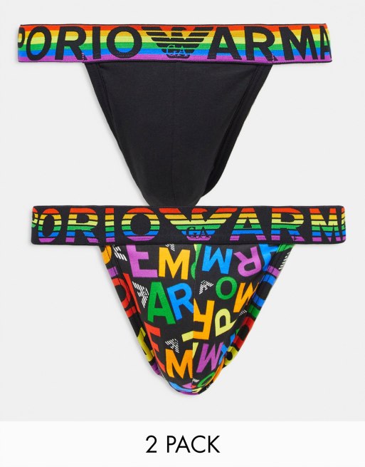 Emporio Armani – Bodywear – 2er-Pack Jockstraps in Schwarz mit Regenbogen-Muster