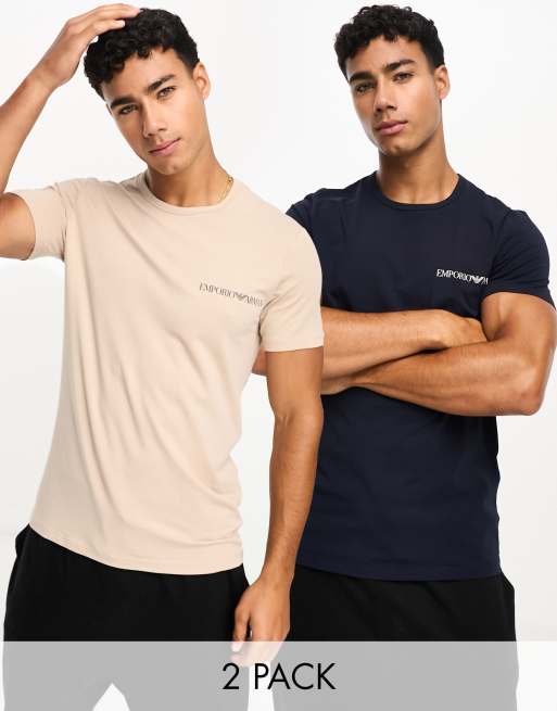 Emporio Armani – Bodywear – 2er-Pack T-Shirts in Marineblau und Beige