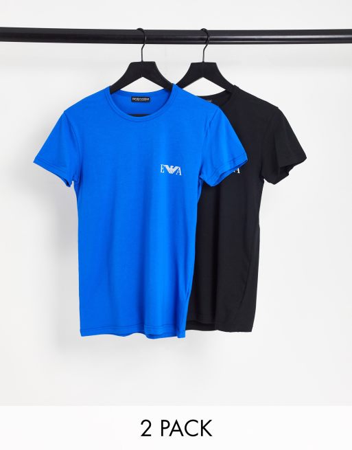 Emporio Armani – Bodywear – 2er-Pack T-Shirts in Schwarz/Blau mit Monogramm