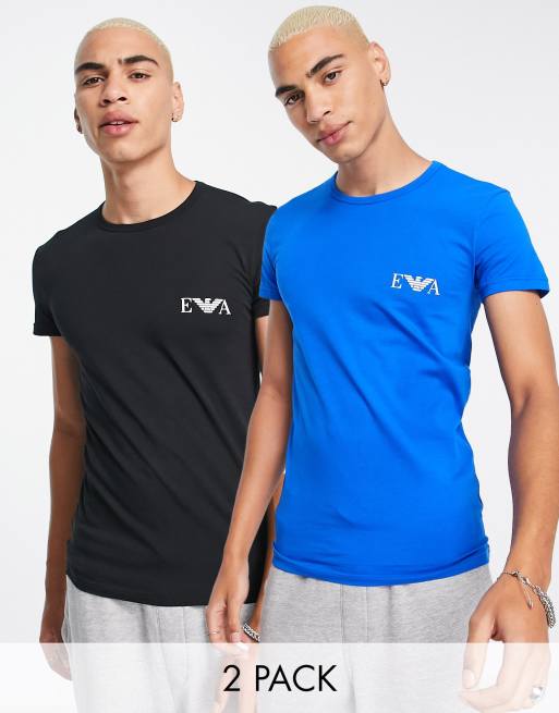 Emporio Armani – Bodywear – 2er-Pack T-Shirts in Schwarz/Blau mit Monogramm