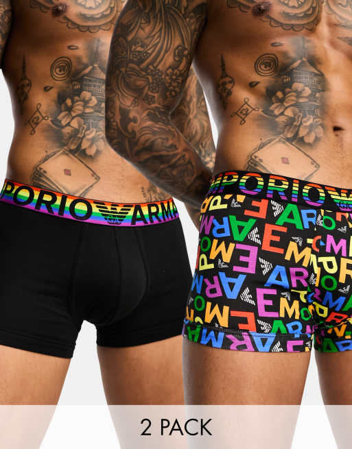 Emporio Armani – Bodywear – 2er-Pack Unterhosen in Schwarz mit Regenbogen-Muster