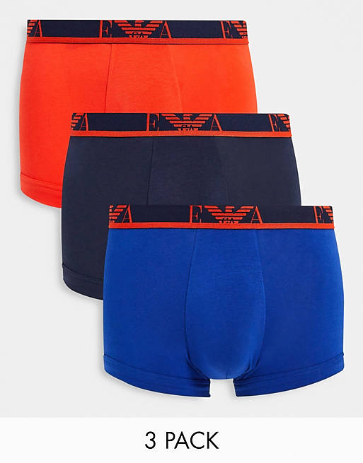 Emporio Armani Bodywear 3 pack contrast logo trunks in navy/ blue/ red