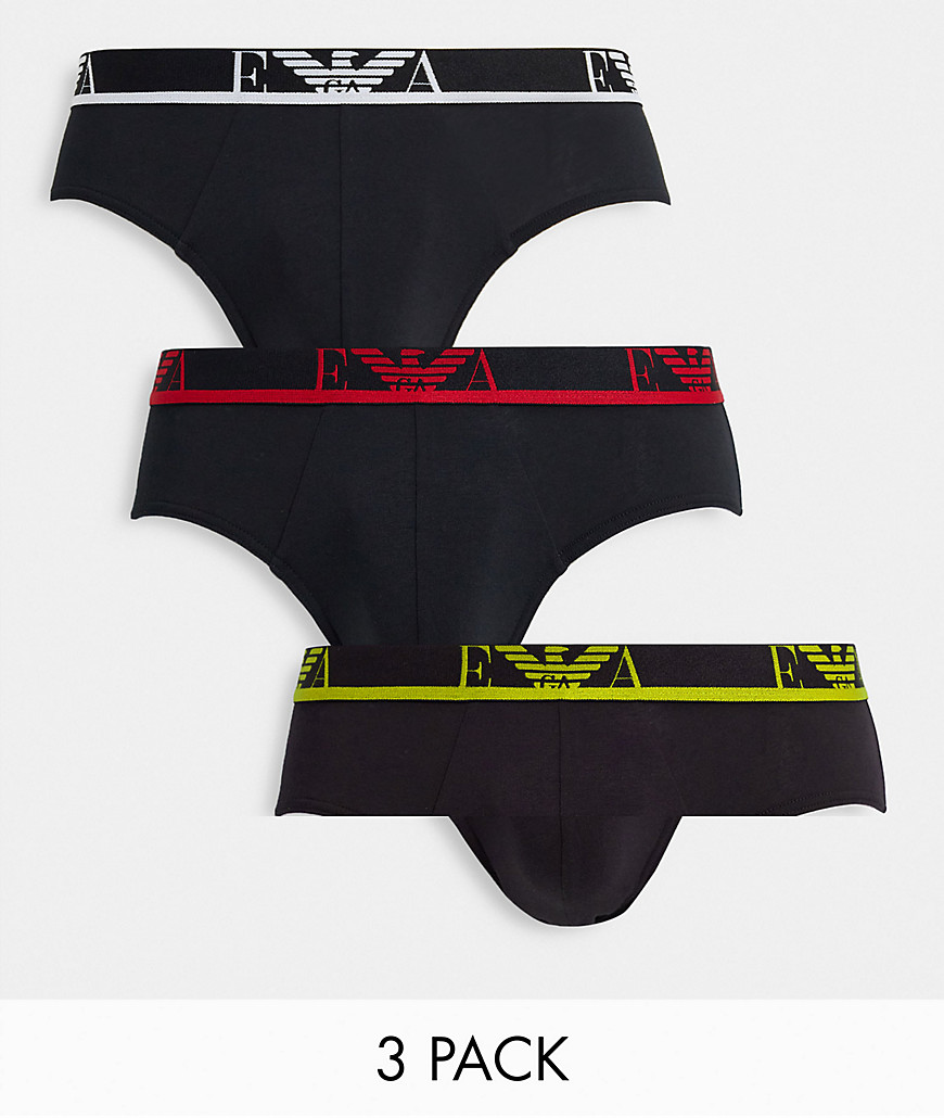 Emporio Armani Bodywear 3 pack monogram briefs with colored waistband in black