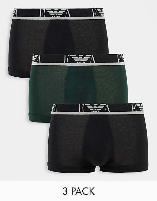 Emporio Armani Bodywear 3 pack monogram trunks in black/ green