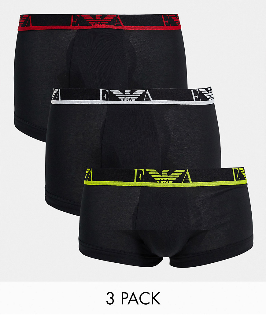 Emporio Armani Bodywear 3 pack monogram trunks with colored waistband in black