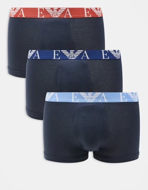 Emporio Armani bodywear 3 pack navy boxer briefs with contrast waistbands in blue/lightblue and red 