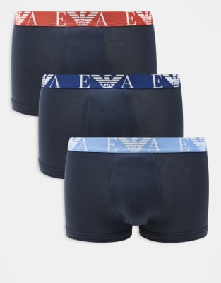 Emporio Armani bodywear 3 pack navy trunks with coloured waistbands in blue/lightblue and red-Multi