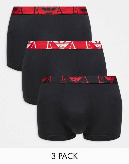 Emporio Armani – Bodywear – 3er-Pack Unterhosen in Schwarz mit Logobund in Schwarz und Rot 