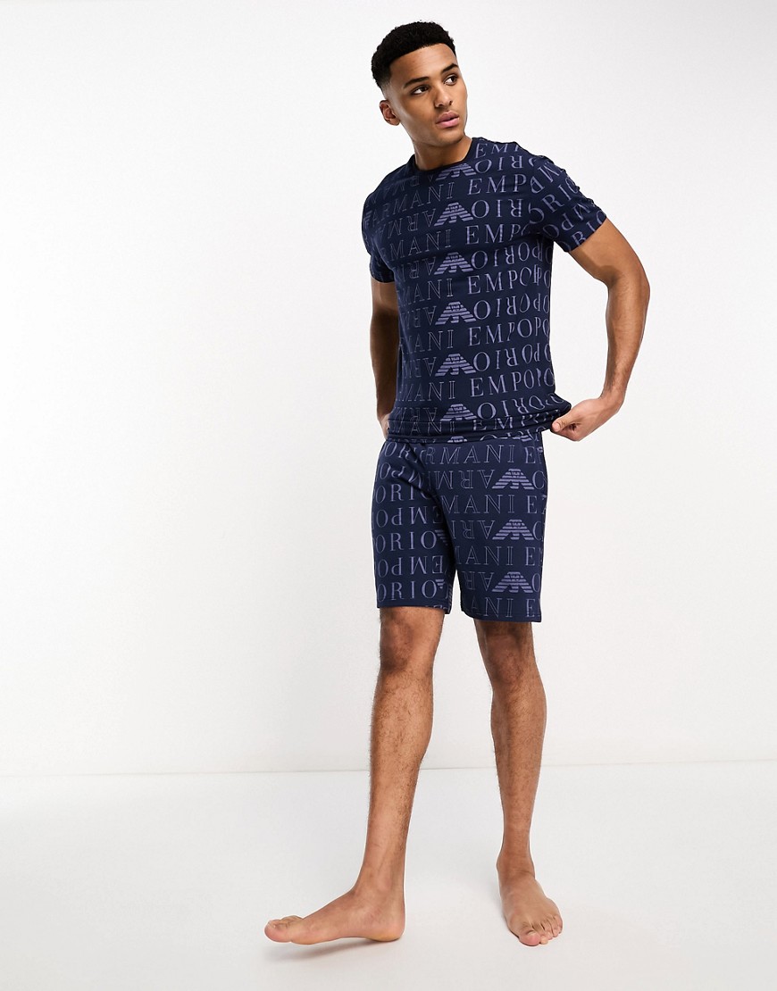 Emporio Armani Bodywear all-over logo lounge shorts in navy