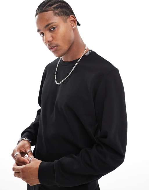 Emporio Armani Bodywear crew neck textured sweatshirt in black with neck branding (part of a set) 