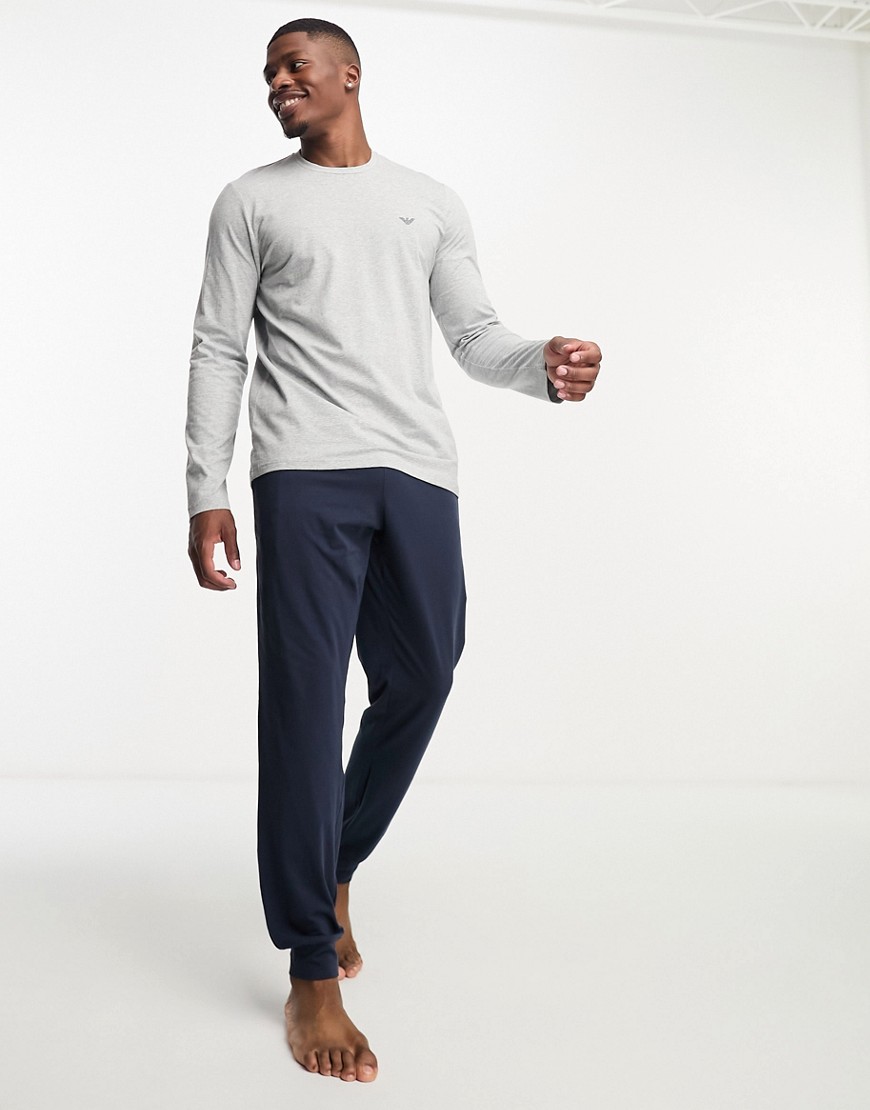 Armani Exchange Emporio Armani Bodywear Cuffed Hem Pajama Set In Gray And Navy