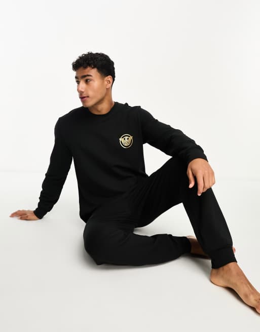 Emporio Armani Bodywear gold logo sweat and trackies lounge set in black