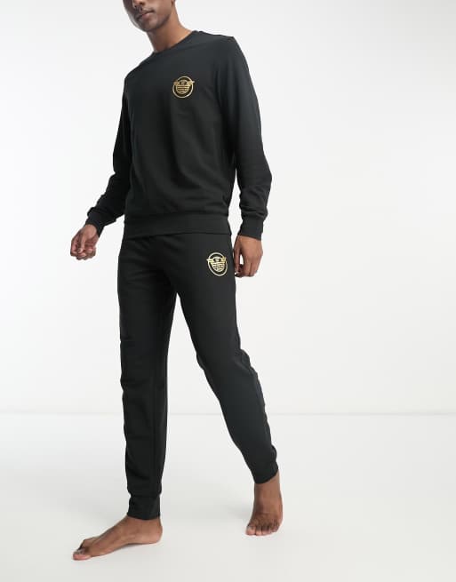 Emporio Armani Bodywear gold logo sweat and trackies lounge set in black