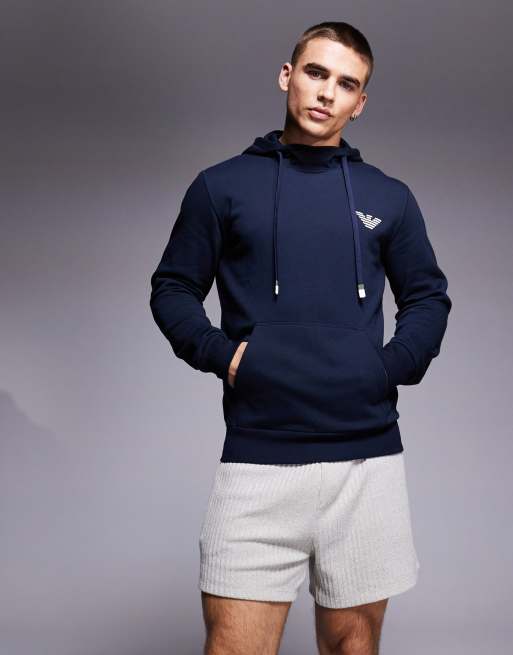 Emporio Armani bodywear hoodie with chest logo detail in Navy 
