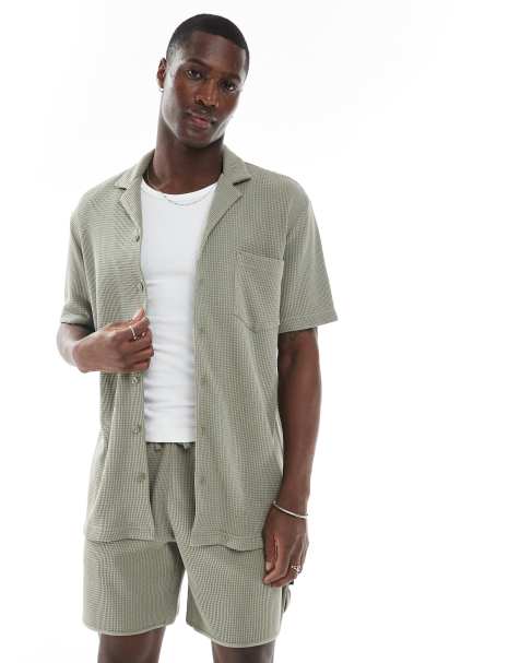 Emporio Armani Bodywear logo lounge waffle shirt in khaki green co-ord