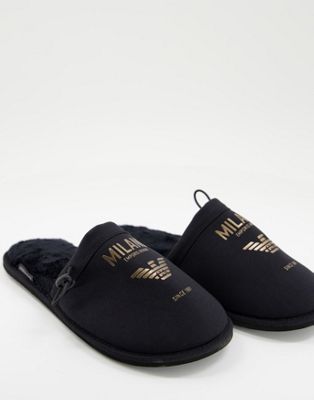 Emporio Armani Bodywear large contrast eagle logo slippers in black