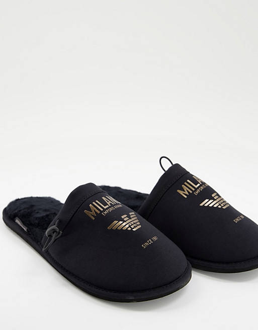 Emporio Armani Bodywear large contrast eagle logo slippers in black | ASOS