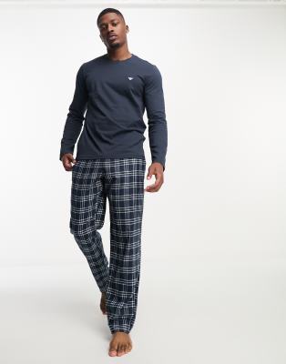 Bodywear long sleeve top and check pants pajama set in navy