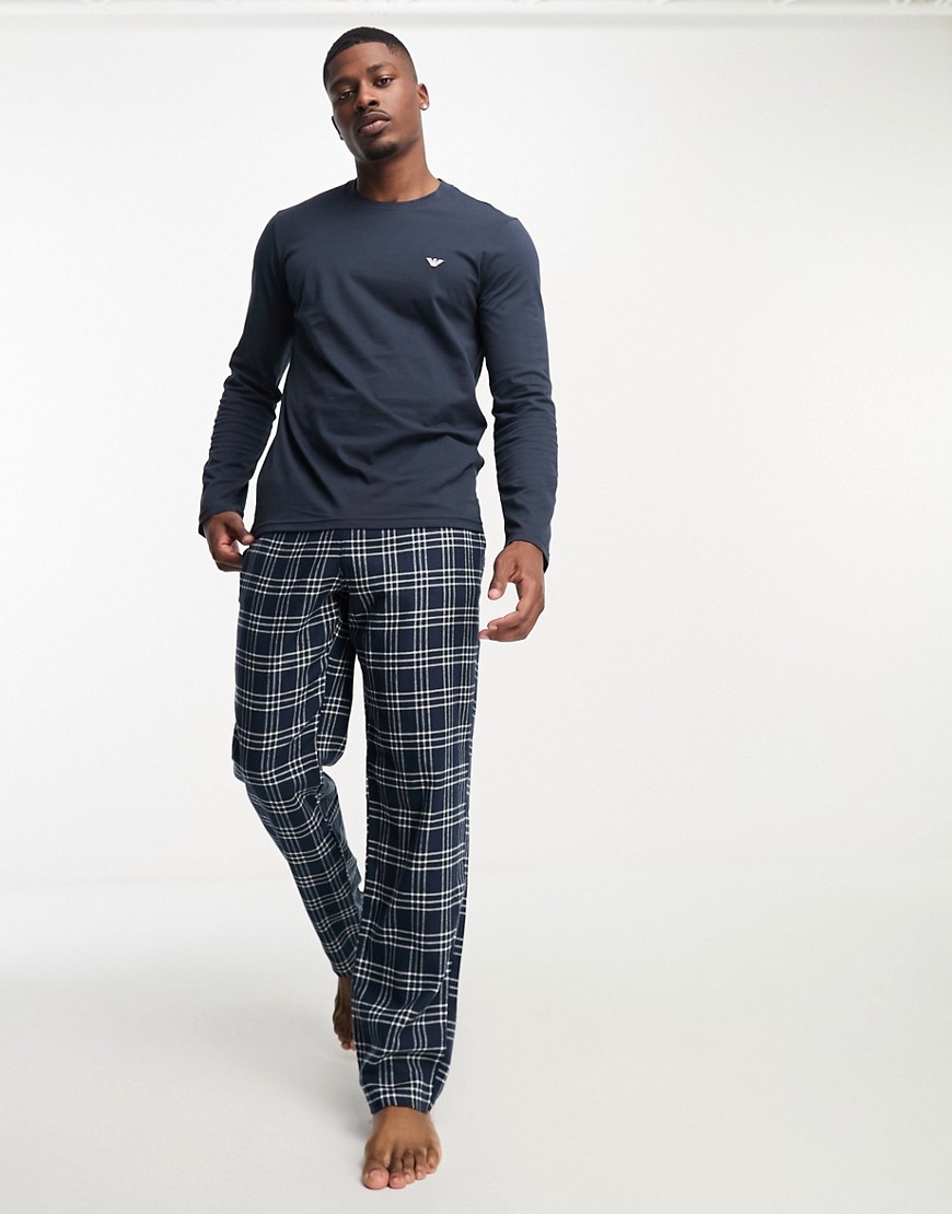 Armani Exchange Emporio Armani Bodywear Long Sleeve Top And Check Pants Pajama Set In Navy