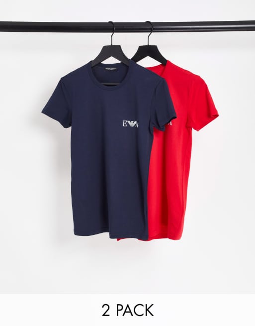 Emporio Armani – Bodywear – Marinblå/röda t-shirts med monogram, 2-pack