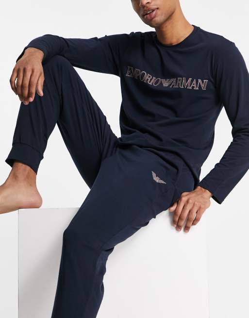 Emporio Armani Bodywear Marineblåt pyjamassæt med stort logo | ASOS