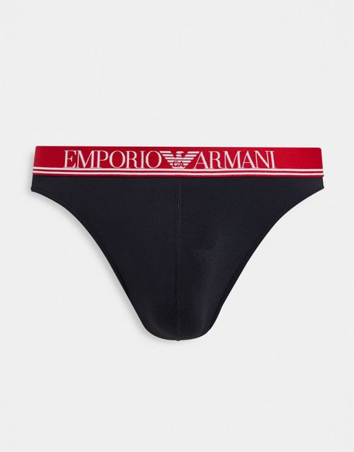 Emporio Armani Bodywear mesh microfiber thong with red waistband in black |  ASOS