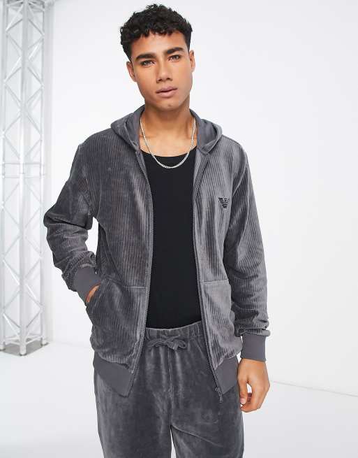 Emporio Armani Bodywear ribbed velour lounge zip hoodie in gray