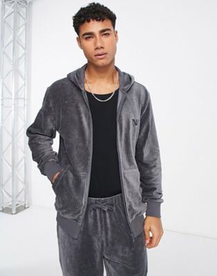 Emporio Armani Bodywear ribbed velour lounge zip hoodie in grey