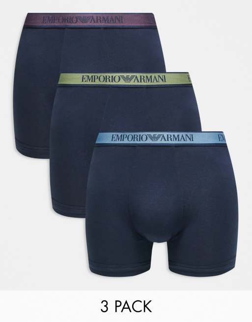 Emporio Armani - Bodywear - Set van 3 boxershorts in marineblauw met gekleurde taillebanden in blauw/pruimenpaars en kaki