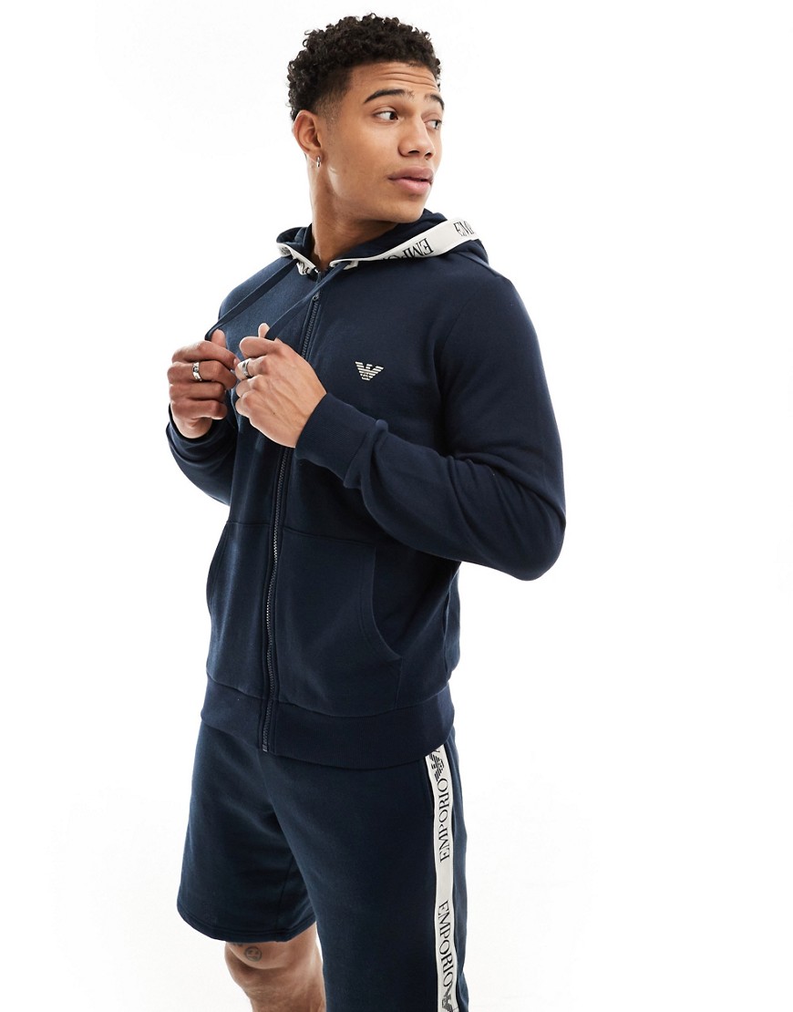 Emporio Armani Bodywear zip through hoodie in navy with logo taping