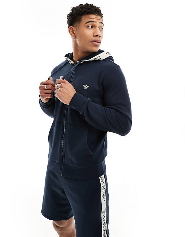 Emporio Armani - bodywear zip through hoodie in navy with logo taping