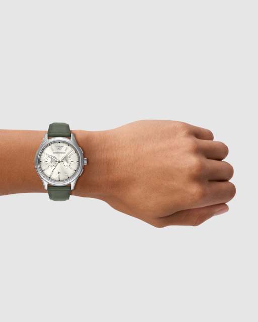 Emporio Armani Chronograph green leather watch in silver, 3 of 4