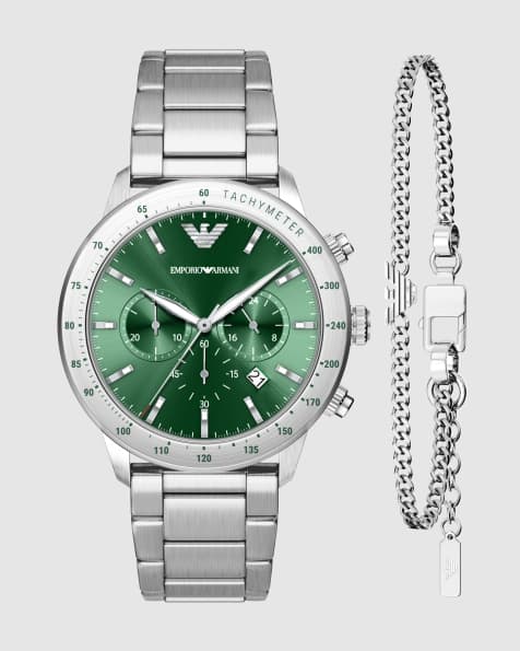 Emporio Armani Chronograph stainless steel watch and bracelet set in silver - view 1