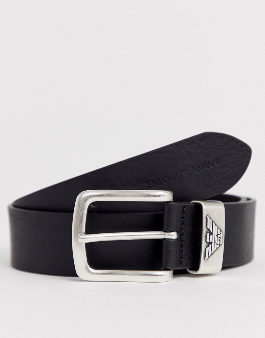 Emporio Armani - Cintura in pelle nera con logo sul passante-Nero