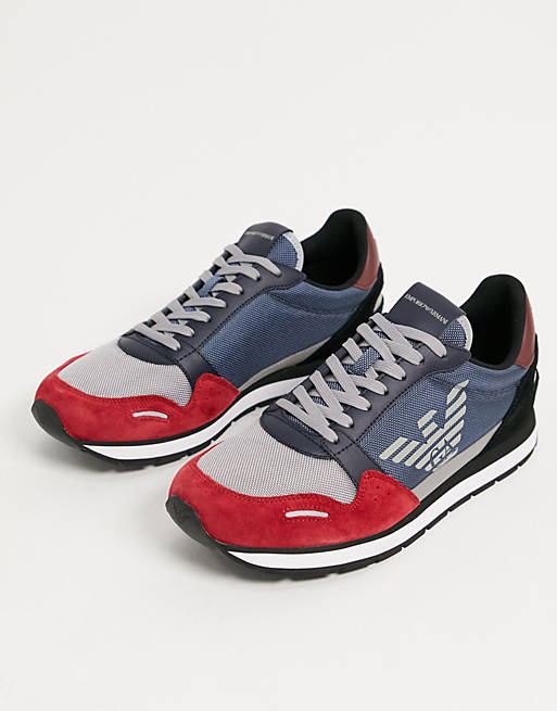 Emporio Armani colourblock large eagle runner trainers in red/blue/navy ...