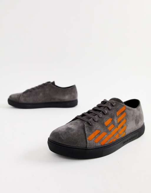 Emporio Armani contrast logo suede sneakers in gray | ASOS