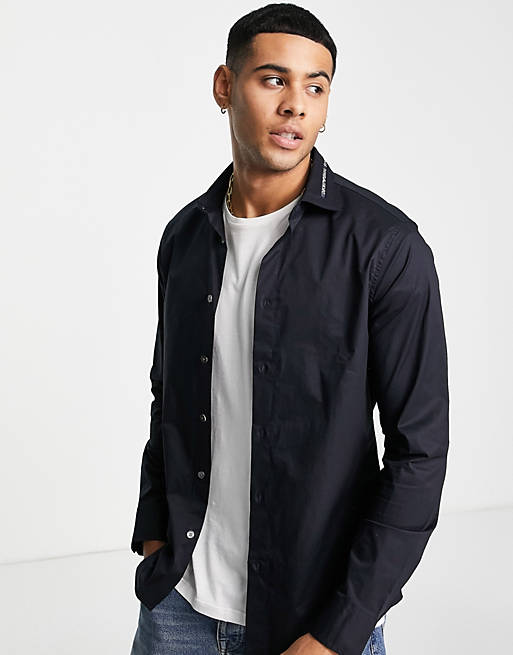 Emporio Armani cotton stretch shirt with branded collar in navy