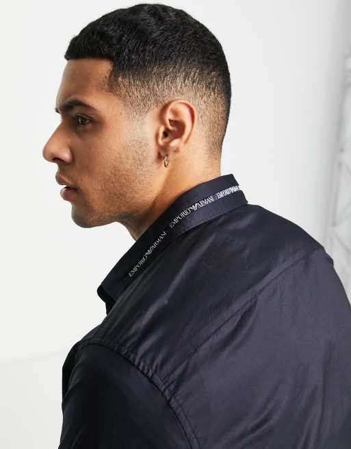 Emporio Armani cotton stretch shirt with branded collar in navy | ASOS