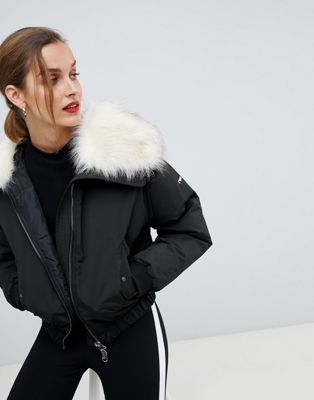 black cropped coat with fur hood
