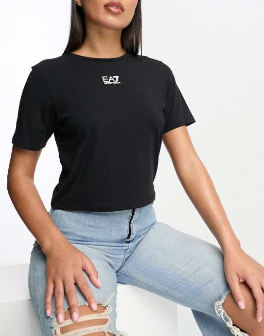 Zin Langskomen harpoen Emporio Armani EA7 crop t-shirt in black | ASOS