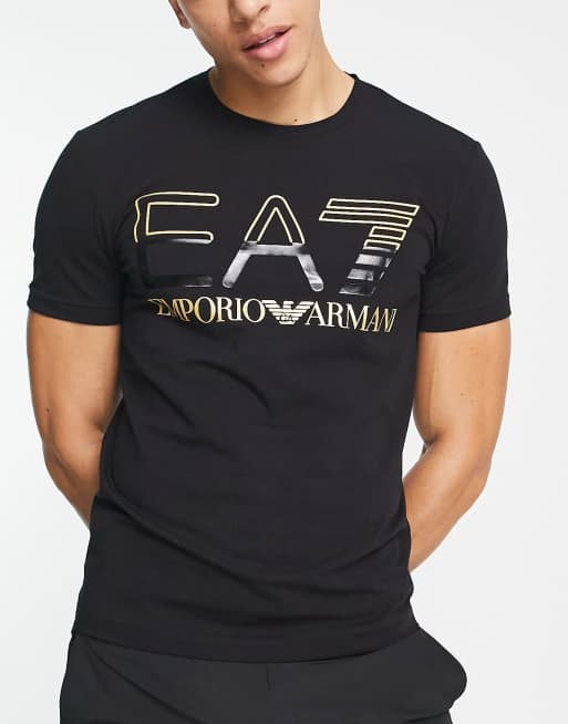 Emporio Armani EA7 gold oversized logo t-shirt in black | ASOS