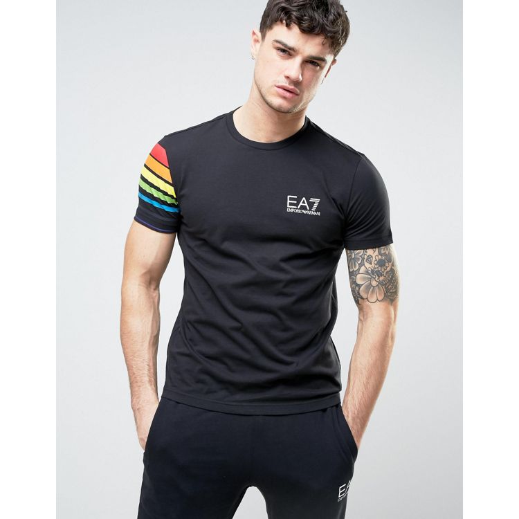 Emporio Armani EA7 T-Shirt Rainbow Sleeve Regular Fit in Black