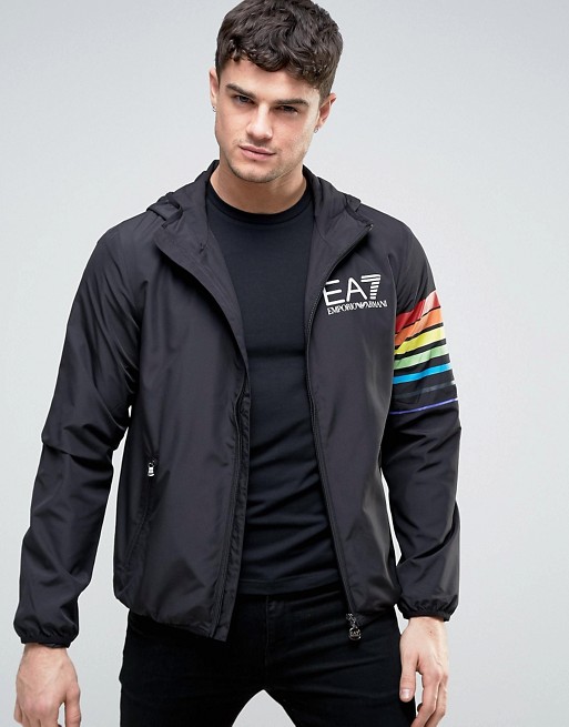 Emporio Armani EA7 Windbreaker Hooded Rainbow Sleeve in Black | ASOS