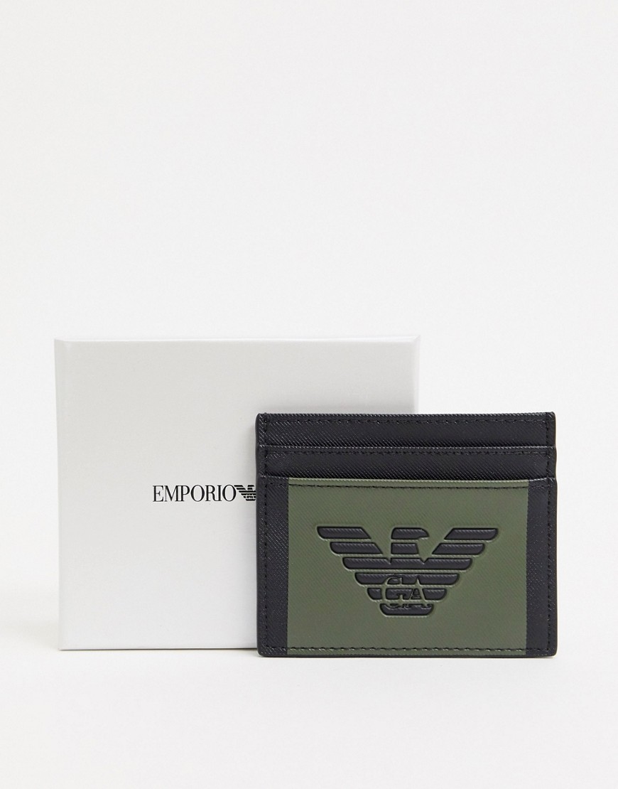 Emporio Armani eagle logo card holder in black with khaki color block
