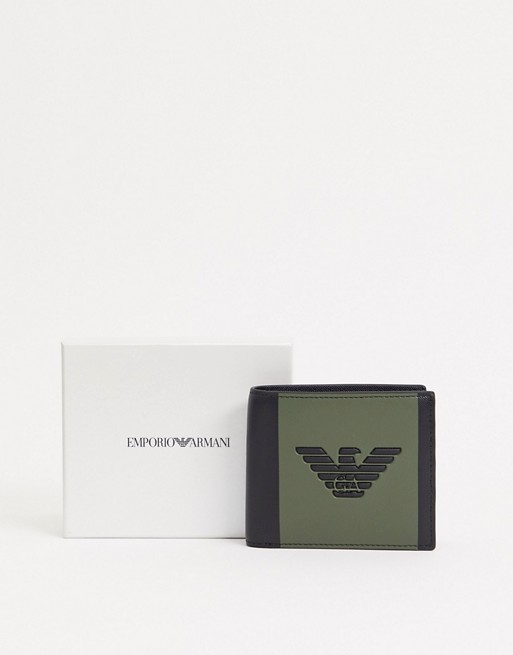Emporio Armani eagle logo coin pocket wallet in black with khaki colourblock