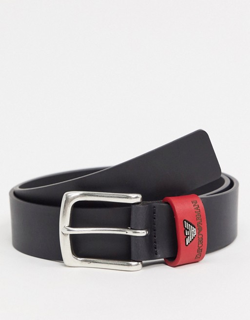 Emporio Armani eagle logo leather keeper belt with red detail in black