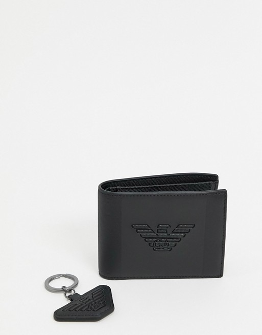 Emporio Armani embossed eagle wallet and key ring gift set in black